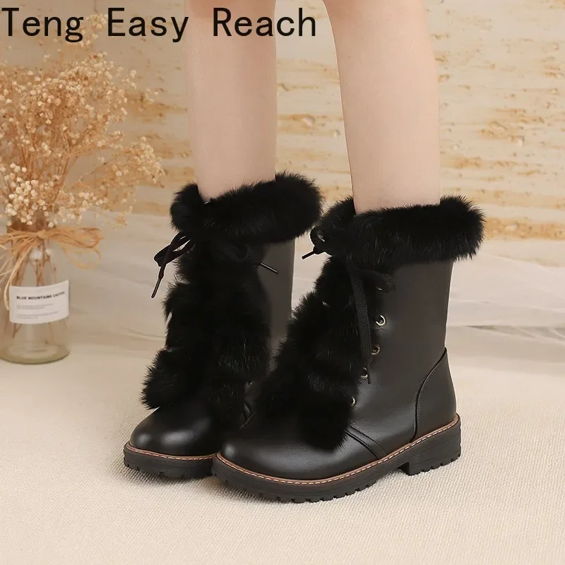 

Winter Thick Sole Snow Boots New Women's Lace Up Long Plush Warm Boots White Black Casual British Style Size 35-48