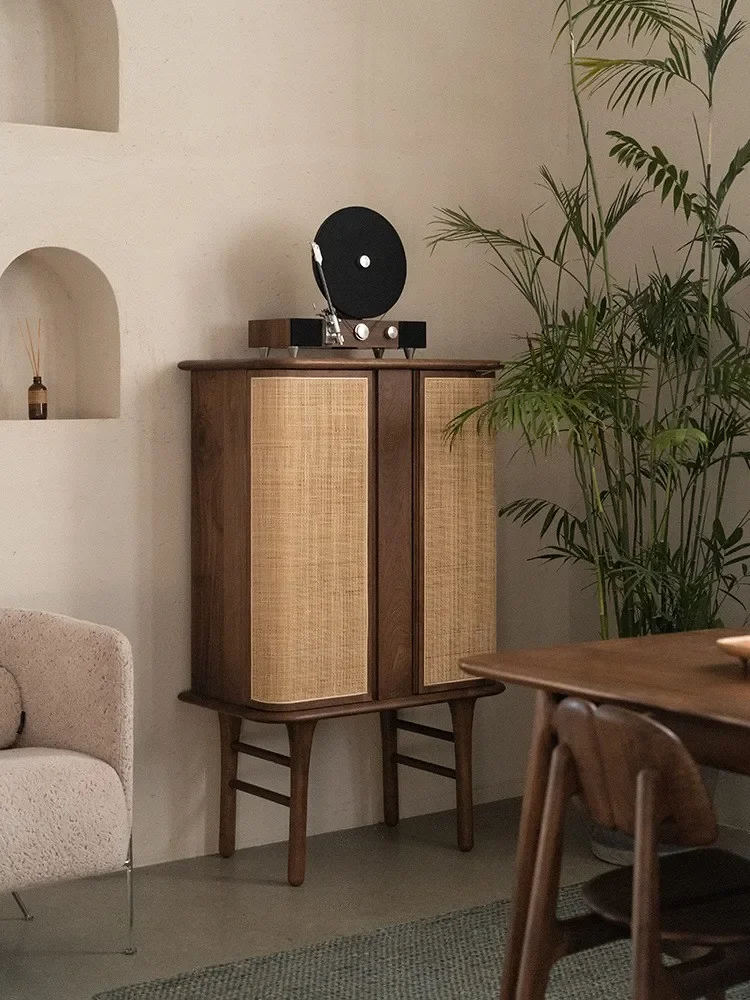 

Simple Rattan Art Sideboard Cabinet American Black Walnut Solid Wood Double Door Small Wall Wine Cabinet