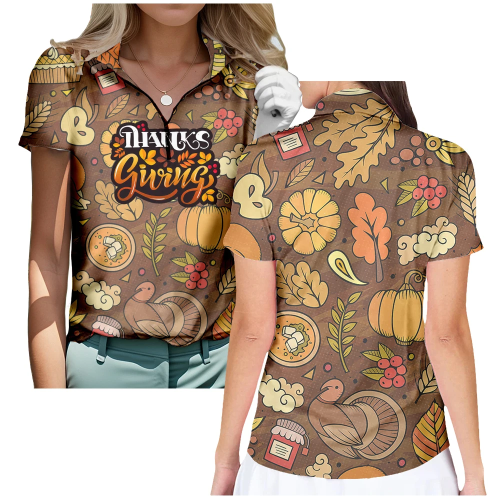 

Thanksgiving Short Sleeve Golf Shirt Breathable Quick Dry Half Zip Tops Fashion Streetwear Women Sportswear