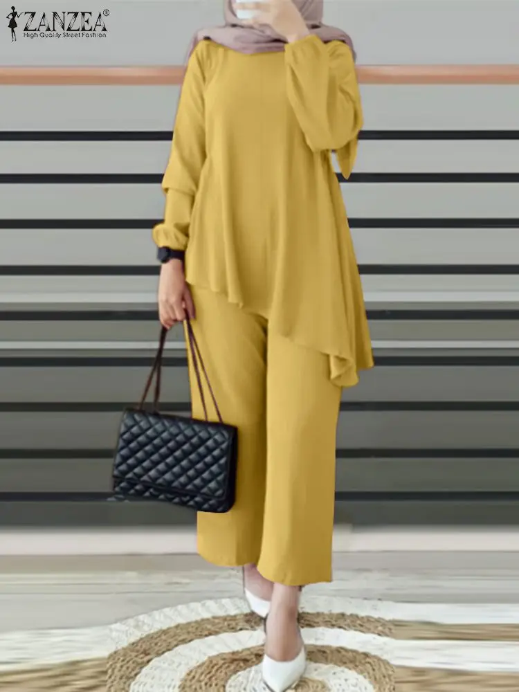 

ZANZEA Woman Fashion Elegant Vintage Muslim Sets O-Neck Solid Color Long Sleeve Wide Leg Pant Holdiay Suit Turkey Dubai Abaya