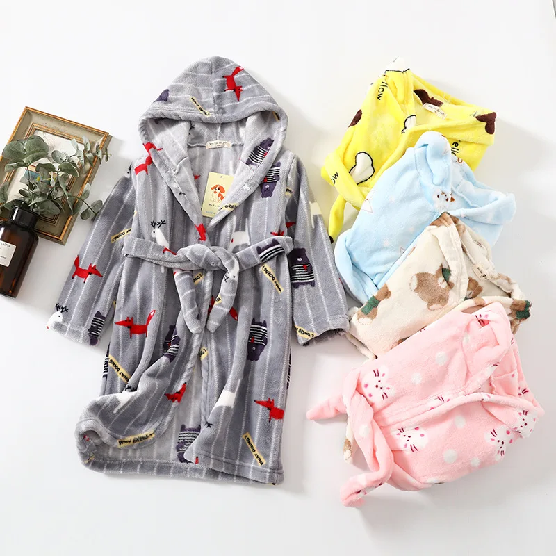 New Autumn Winter Kids Hooded Bathrobe Baby Bath Robes Boys Girls Cartoon Rabbit Panda Flannel Pajamas Long Sleeve Towel Robe