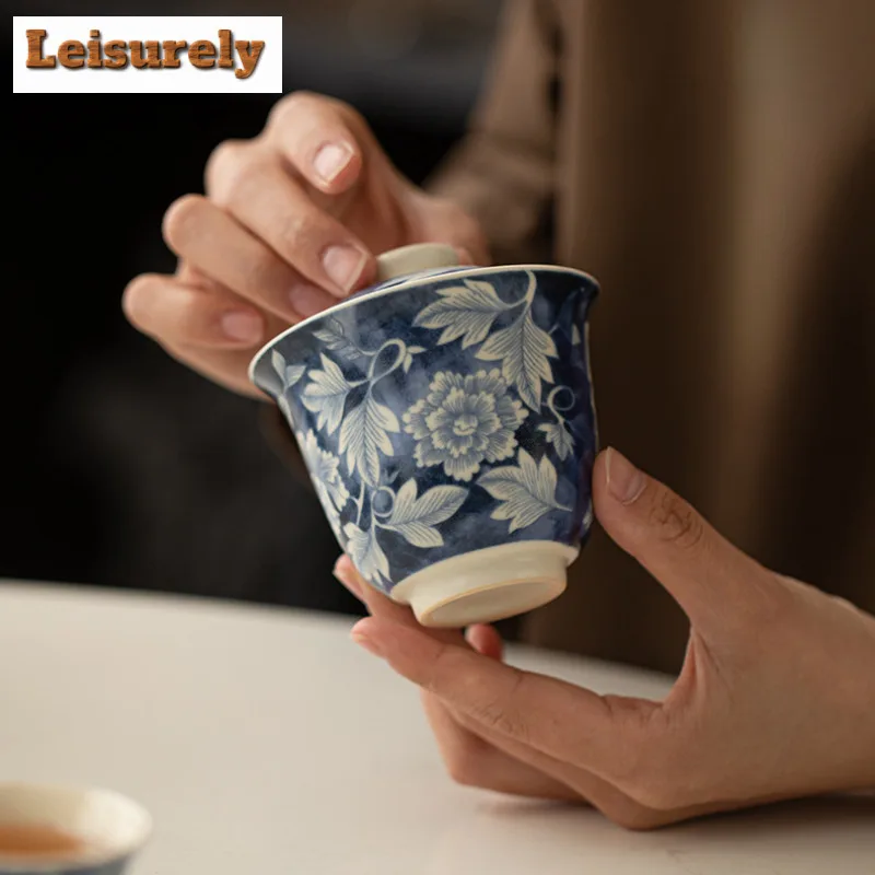 150ML Soda Glaze Yuan Blue And White Gaiwan Traditional Tea Tureen Tea Bowl With Lid Kit Tea Brewing Cover Bowl Tea Decoration