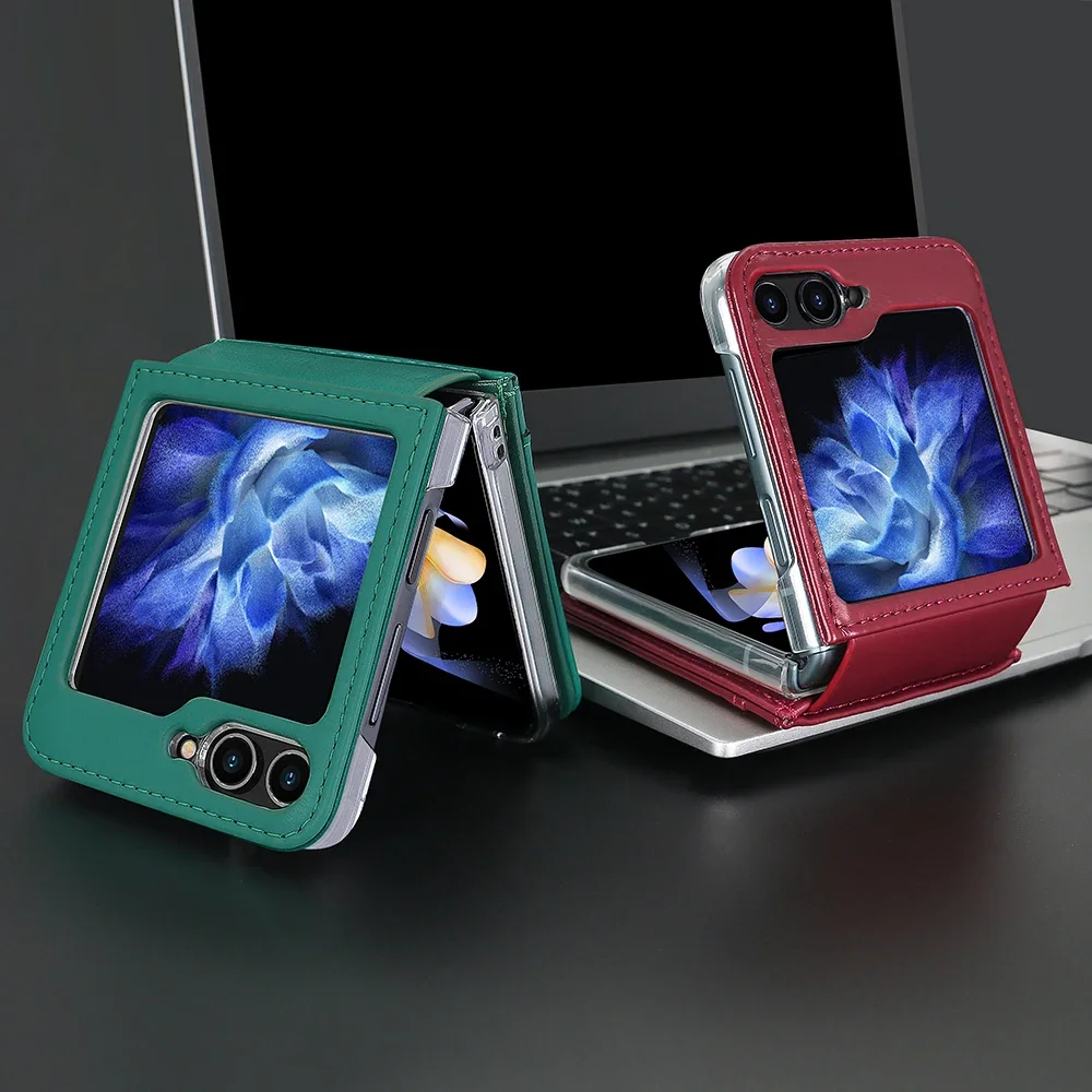 Luxuriöse vertikale Karten-Solt-Leder-Geldbörsenhülle für Samsung Galaxy Z Flip 6 5 4 3 5G Flip6 Flip5 Handschlaufe Diamant-Scharnierabdeckung_voghion.com