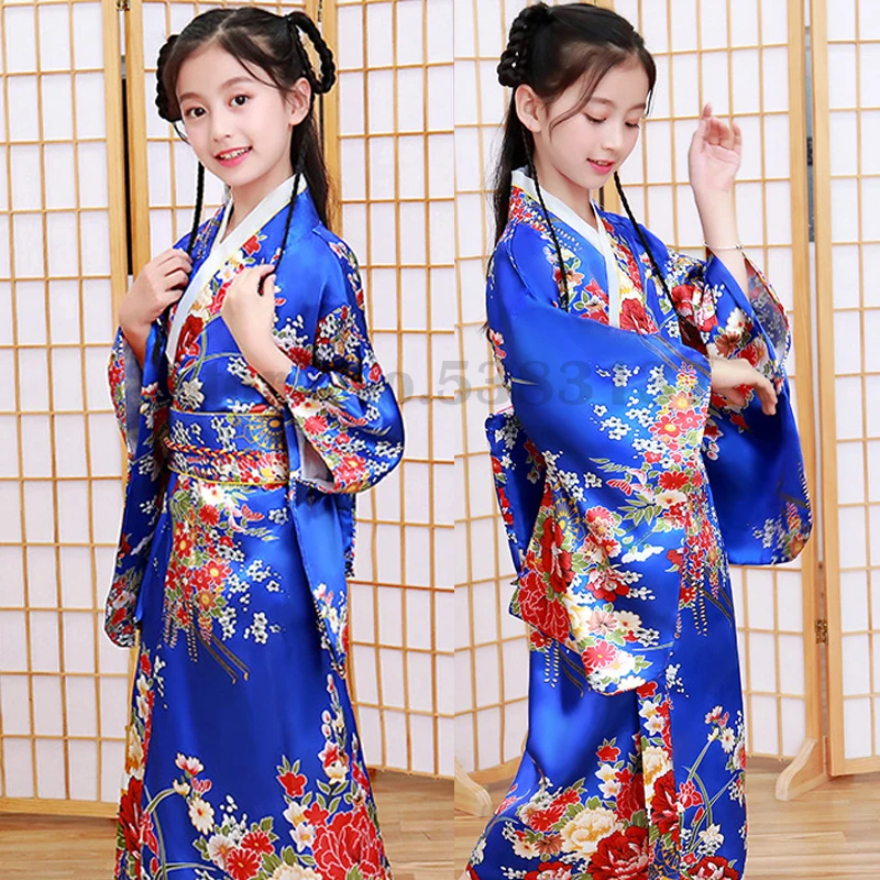 Japanese Kimono Girls Japan Kimono Satin Luxury Novelty Yukata Gown Printed Robe with Obi Children Performance Costume Traditional Asian Clothes