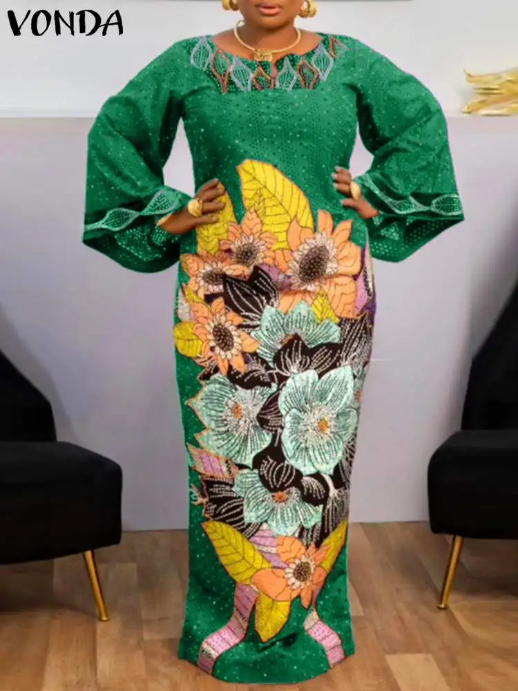

Oversized VONDA 2024 Women Bohemian Floral Printed Maxi Dress Vintage Loose Casual Sundress Long Flare Sleeve Party Robe Femme