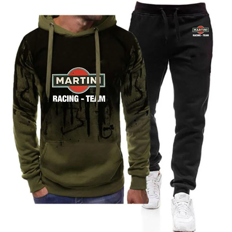 Martini Racing Print Set Man's High street Gradient Hoodies Casual Sweatpant Sets Jackets Sport Suits Hip Hop coats + trousers
