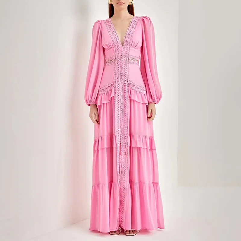 

Однотонное платье для отпуска с длинным рукавом и разрезом, 3 цвета, новинка, с глубоким V-образным вырезом и кружевом, с вырезами, в стиле пэчворк, осень