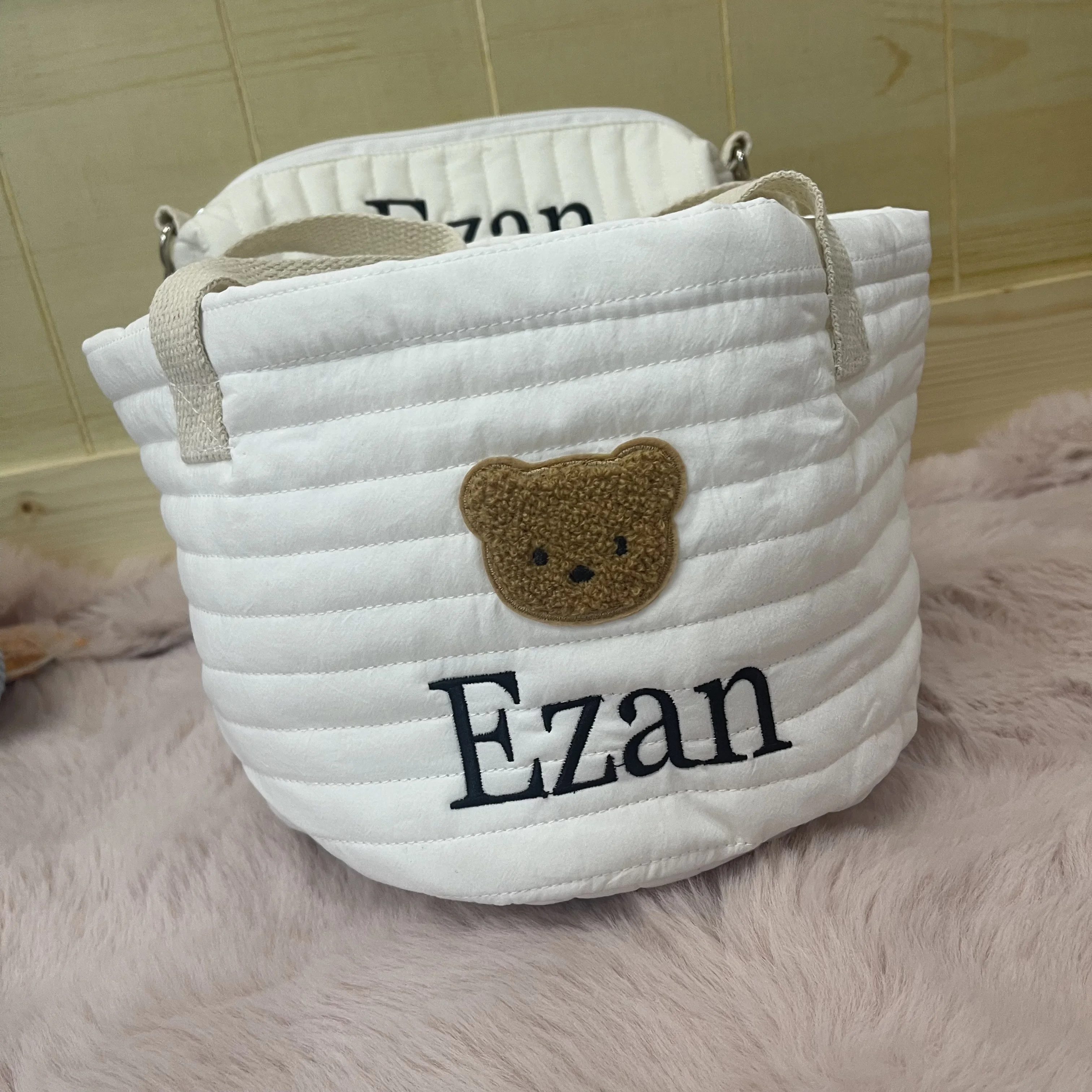 

Embroidered Bear Storage Basket Custom Name Baby Toys Storage Bag Personalized Baby Diaper Sorting Basket Baby Shower Gifts