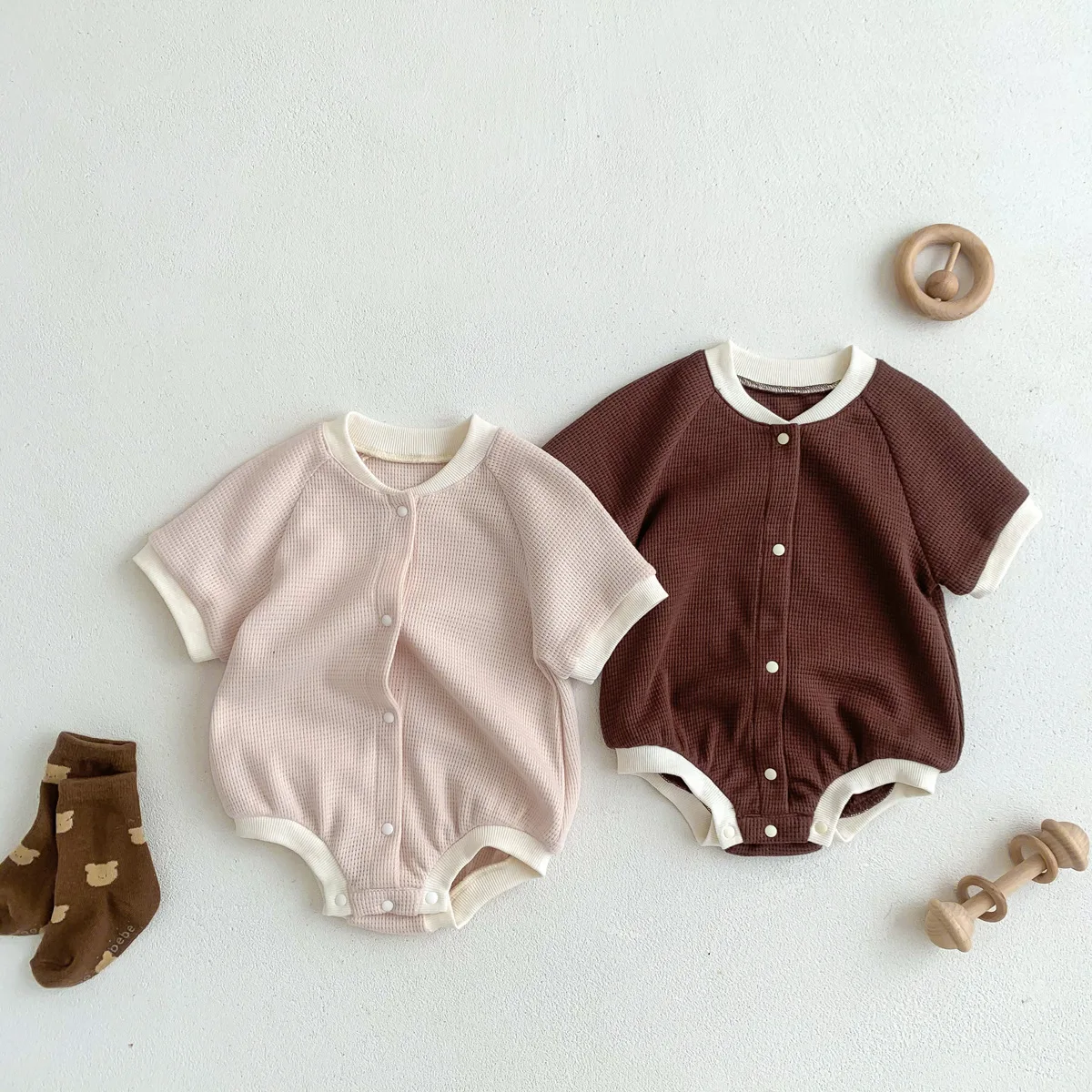 

Summer Baby Clothes Waffle Bodysuit Short Sleeve One Pieces Baby Boy Jumpsuit Solid Korean Single Breasted Infant Girl Romper