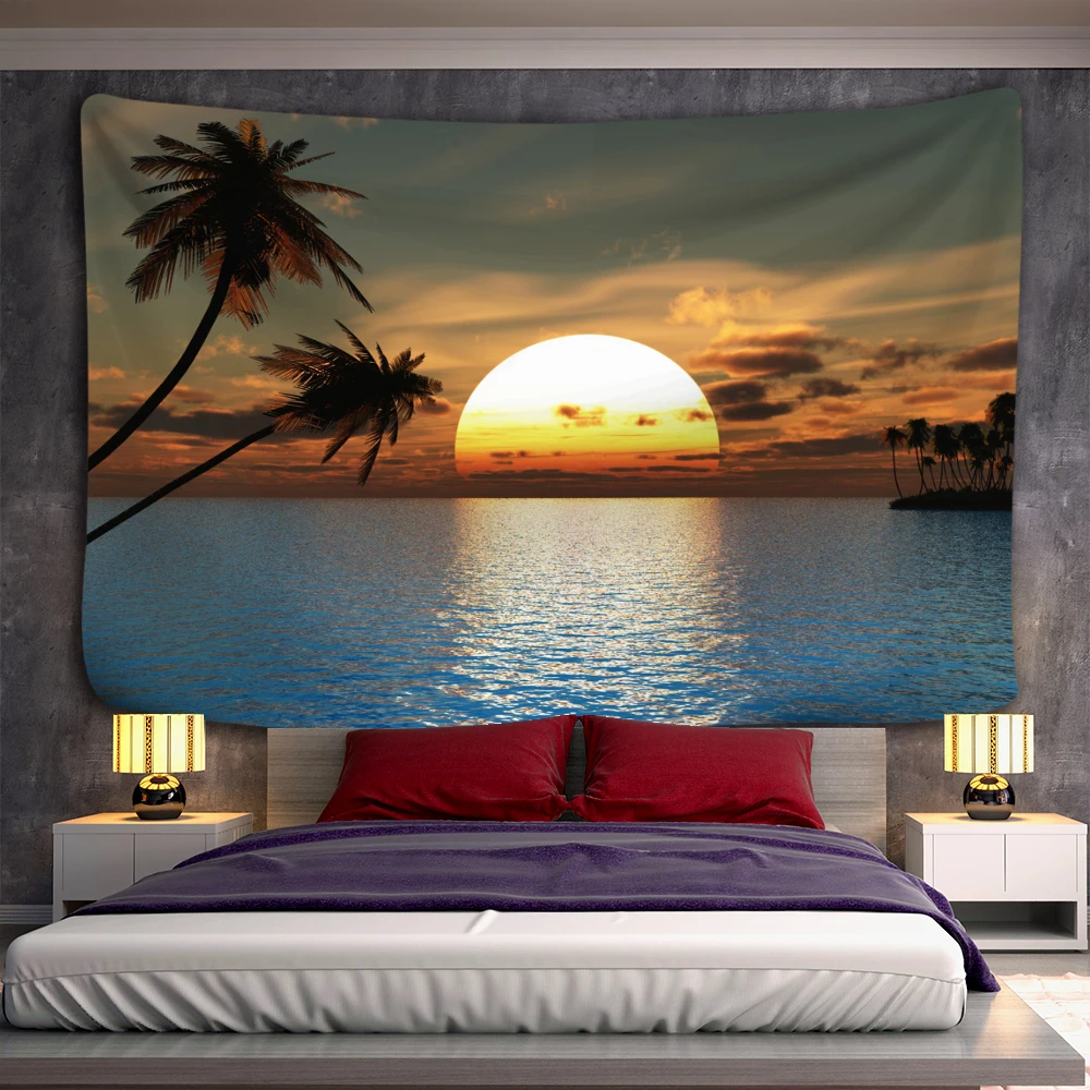 Sunset Seaside Landscape Tapestry Wall Hanging Bohemian Hippie Dormitory Living Room Decor Background Cloth