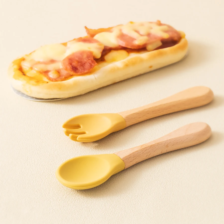 2PCS Baby Learning Spoons Utensils Set Food Grade Wooden Handle Silicone Spoon Fork Cutlery Training Spoon Feeding Tableware Baby & Maternity
