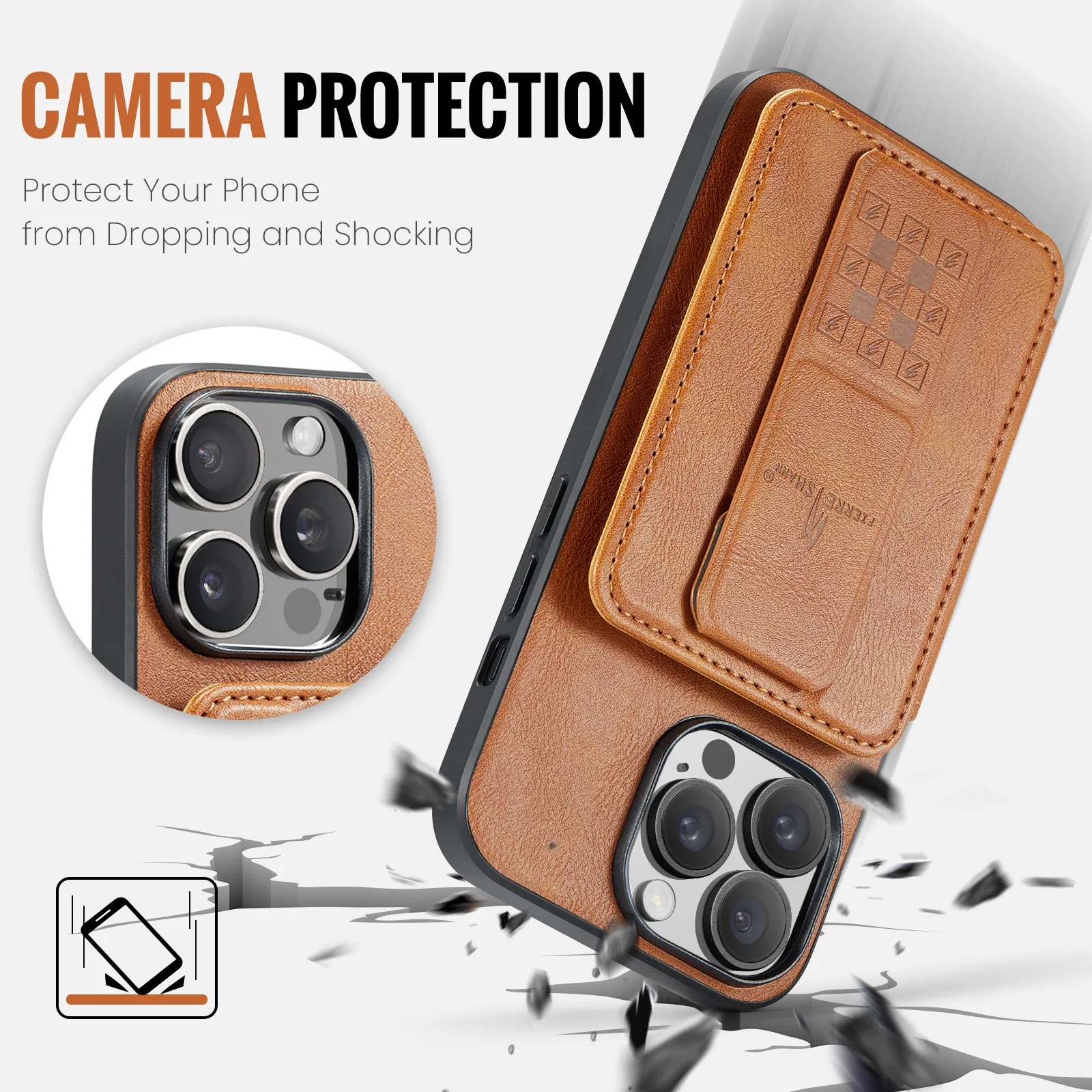 Leather Wallet Card Holder Case with Foldable Hand Band & Magnetic Ring Stand