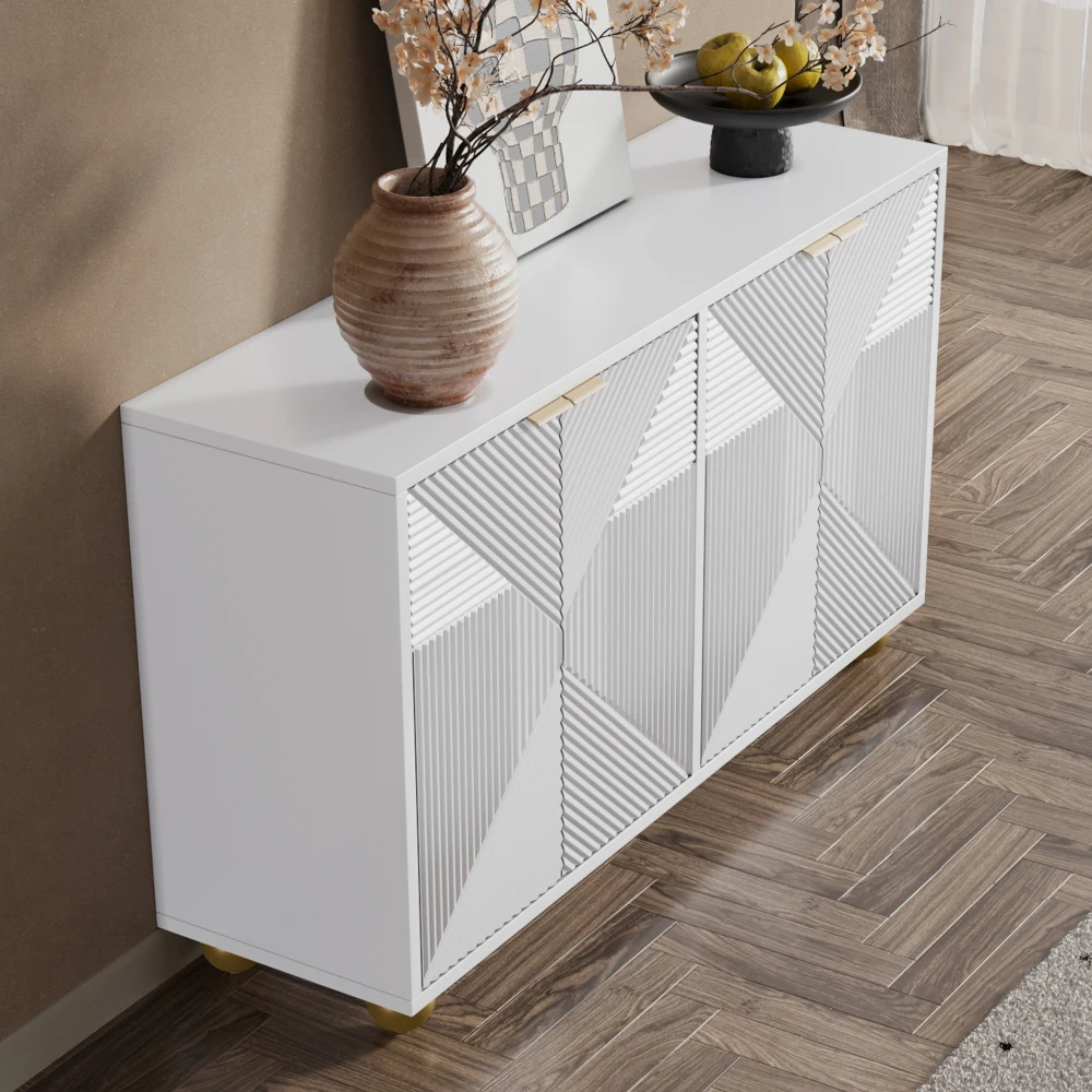 Elegantes Sideboard mit vier Türen | Verstellbare Innenböden, Metallgriffe und klassische kugelförmige Beine, Aufbewahrungsschrank – Detail 20