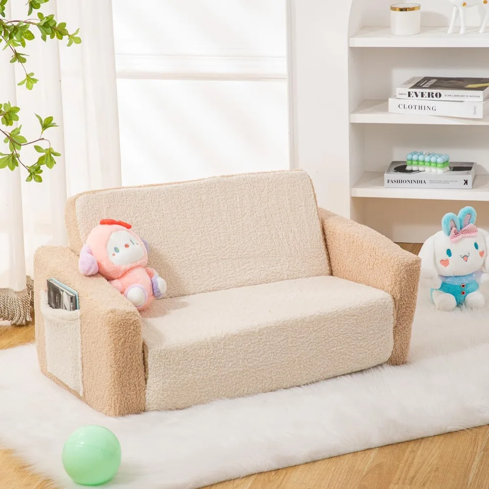 

Baby Toddler Sofa Couch for Kids Extra Wide 2-in-1 Toddler Sherpa Fold Out Couch Bed for Playroom，Boys&Girls with Double Pockets