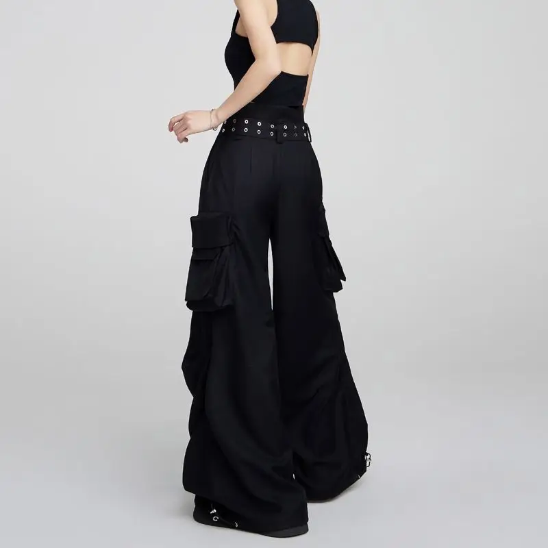 2024 black workwear pants for women's summer American retro straight leg loose design, wide leg pants, casual pants