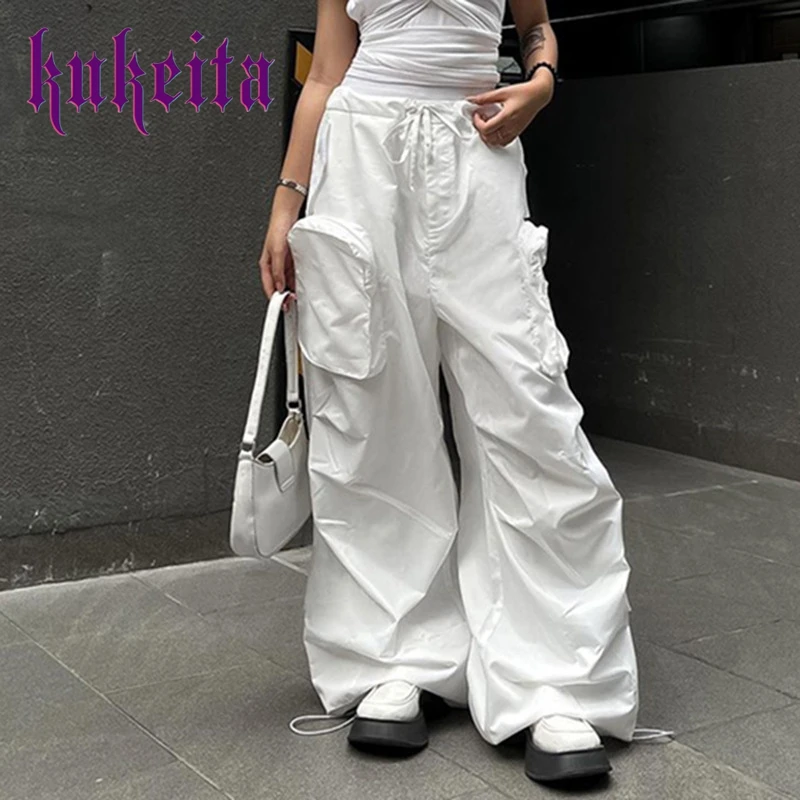

Streetwear Y2k White Cargo Pants Ruched High Waist Lace-up Big Pocket Thin Trousers Baggy Casual Sweatpants Women Korean Joggers