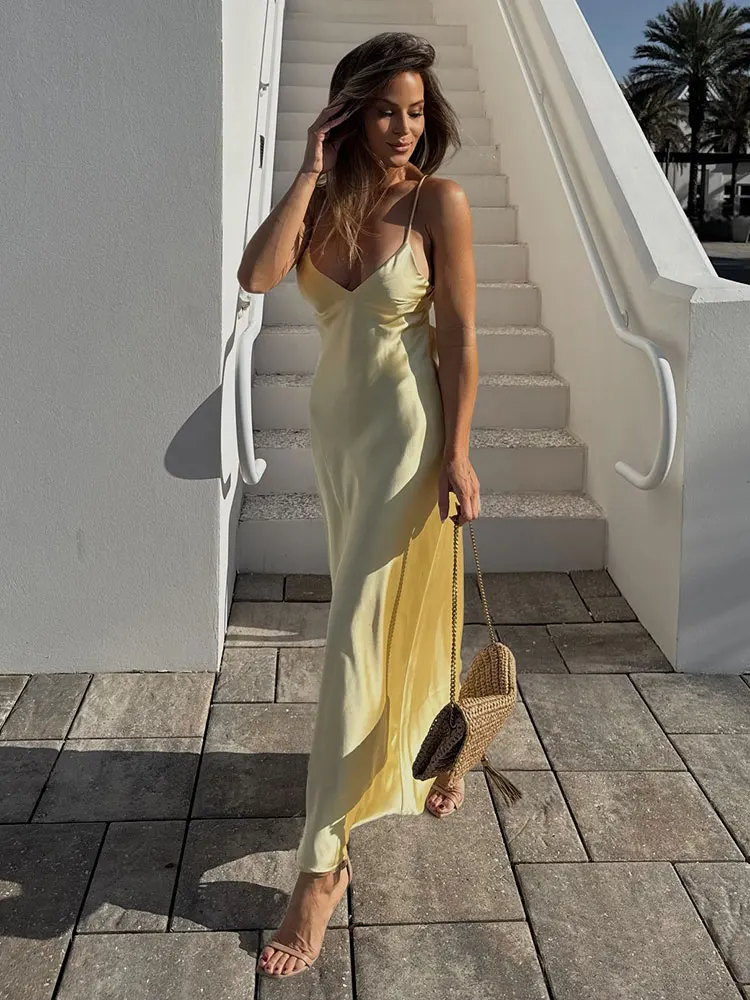 HH Women Yellow Satin Sling Maxi Dress Fashion Sleeveless Backless High Waist Slim Long Dresses Lady Evening Party Vestidos