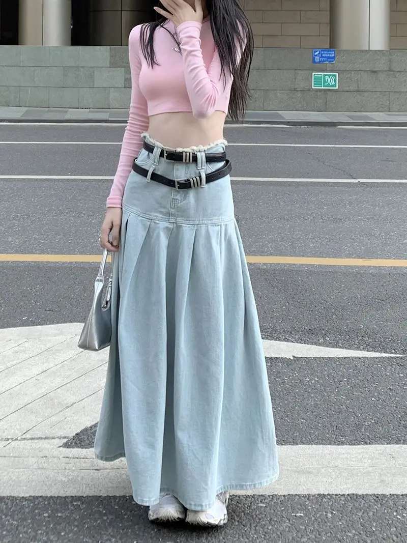 denim pleated skirt