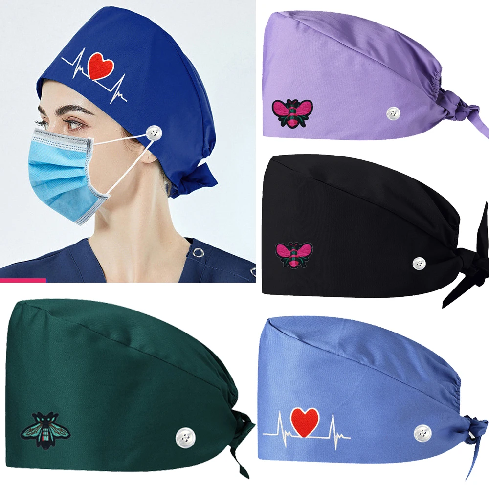 Medical Scrub Hats Scrub Caps Women Men Surgical Cap Bee Pharmacy Medical Solid Pets Clinic Doctors Dentist Nursing Beauty Salon Hat Buttons