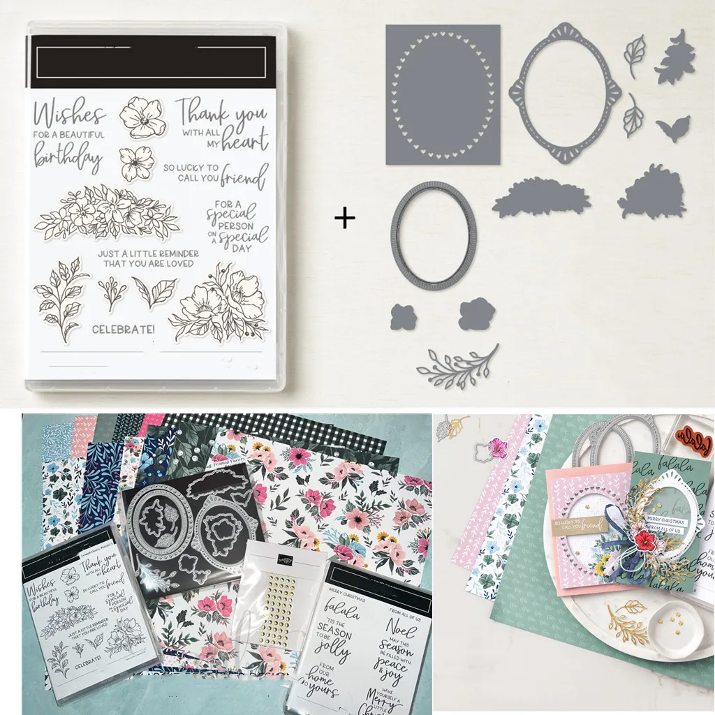 New Framed Florets Clear Stamps And Metal Cutting Dies Set Scrapbooking