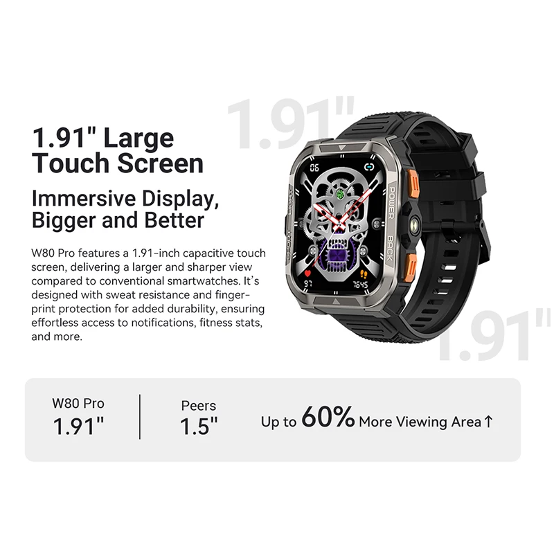 Blackview W80 PRO 스마트워치 1.91'' 디스플레이 900mAh LED 손전등 포함 GPS 나침반 야외용 러기드 시계 블루투스 통화 기능