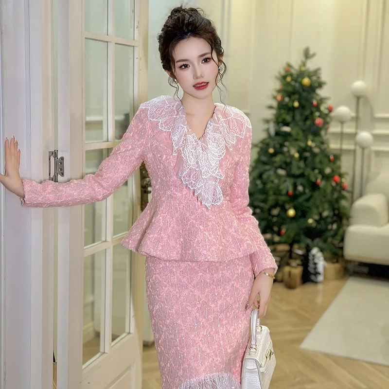 

2023 Winter New Small Fragrant Wind Lace Ruffle Edge Waist Wrap Coat 11125