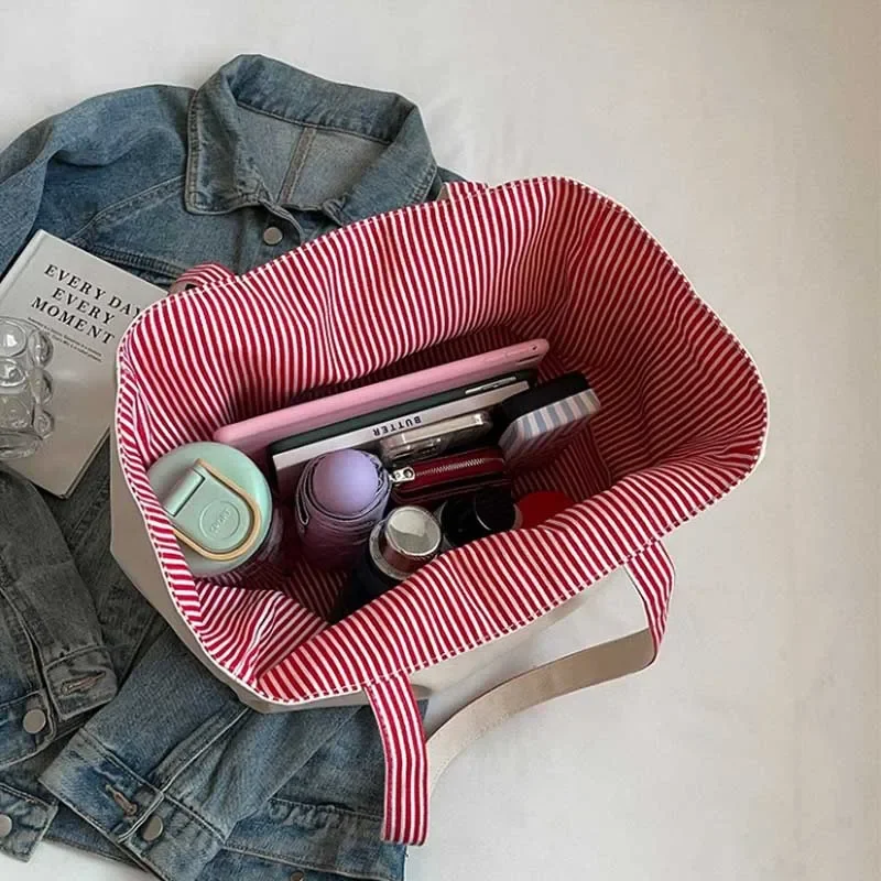 Casual Large Stripe Women's Shoulder Bag 2026 New Fashion Commuter Tote Bag High Capaci Canvas Handbag for Youth bolso mujer