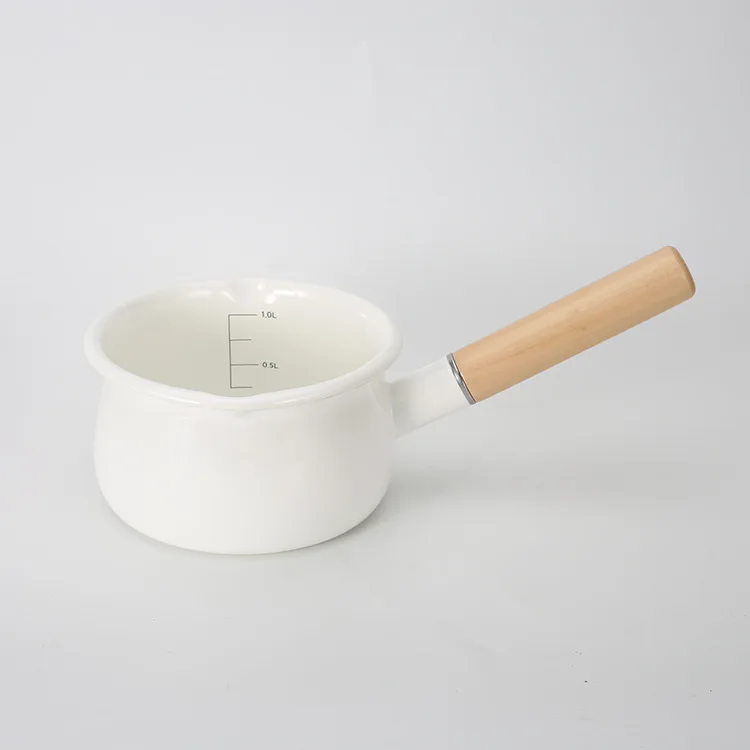 Milk Pot Porcelain Enameled 15cm 1L Wooden Single Handle Anti-scald Children Food Breakfast Egg Noodles Thickened High Quality