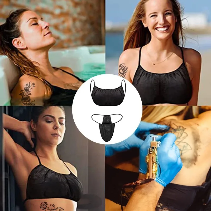 25 Sets Beauty Bras and T Panties Set Waist Stretch 120cm Disposable Bikini Thong Panties for Tanning Hygienic SPA Sauna Briefs 5