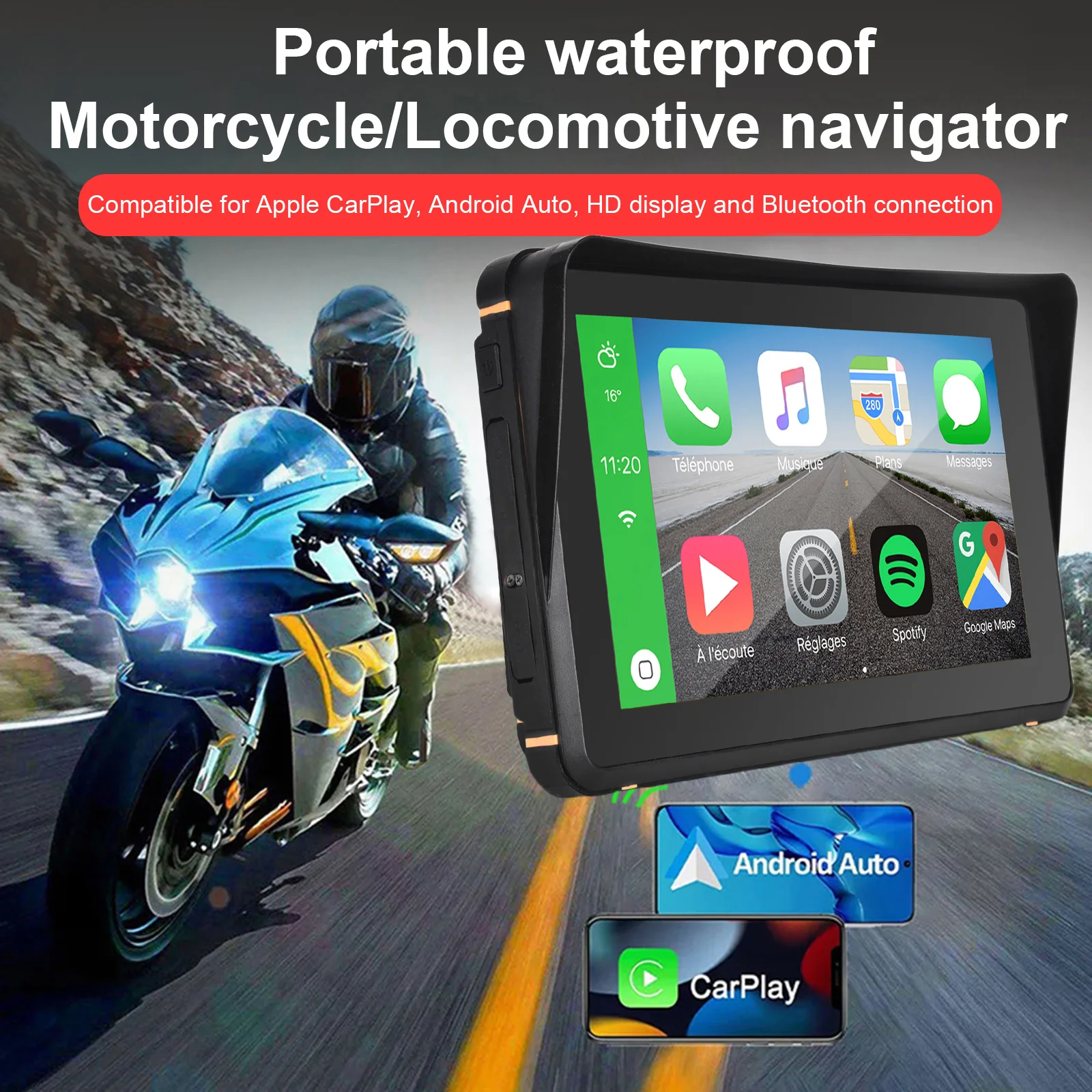 

Wireless GPS for Motorcycle Bluetooth CarPlay 7 Inch Touch Screen Motorcycle Monitor Navigator Android Auto IPX6 Waterproof