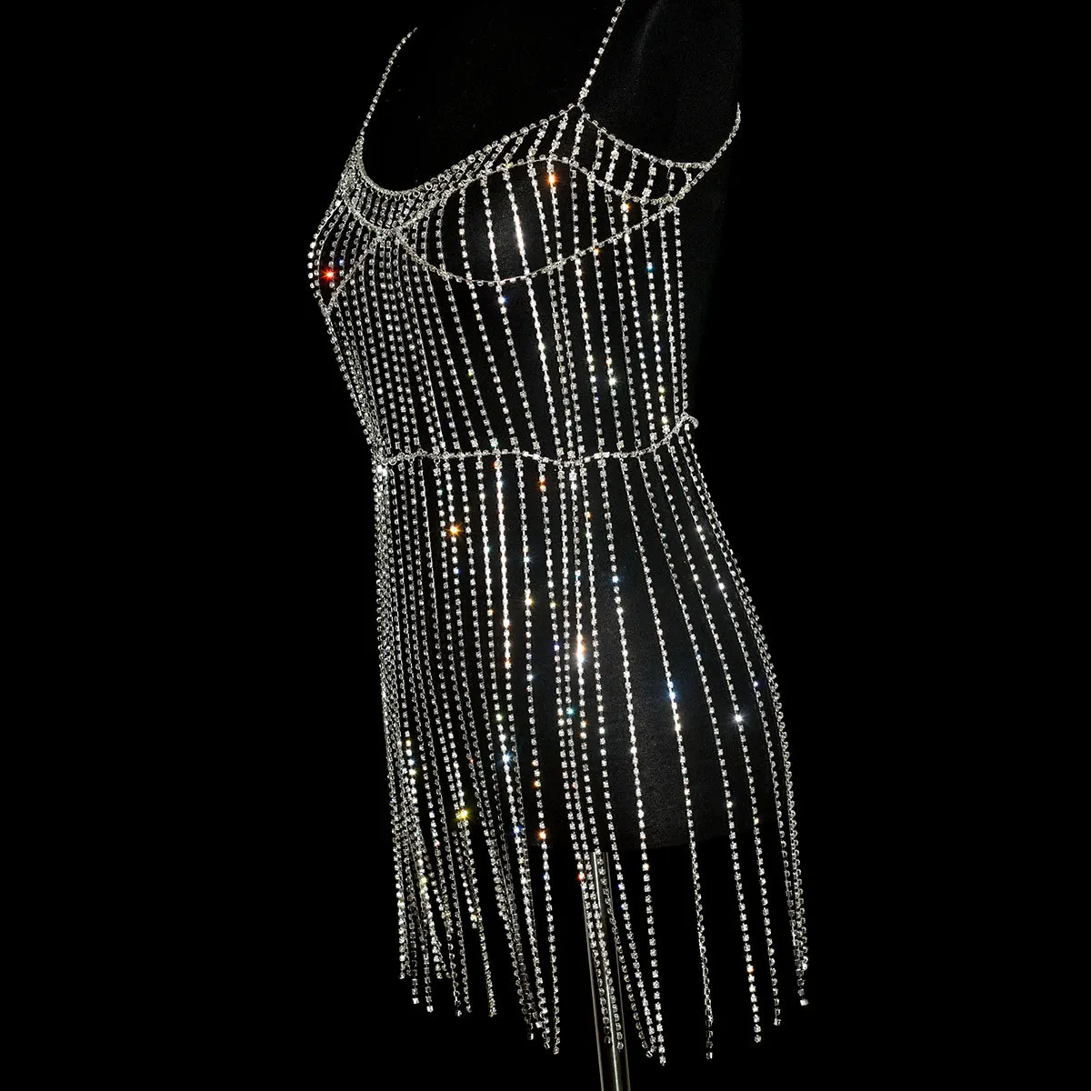 Handmade Luxury Rhinestone Backless Chain Tassel Dress Body Chain Sexy Club Dresses Women Girls Bikini Party Dress