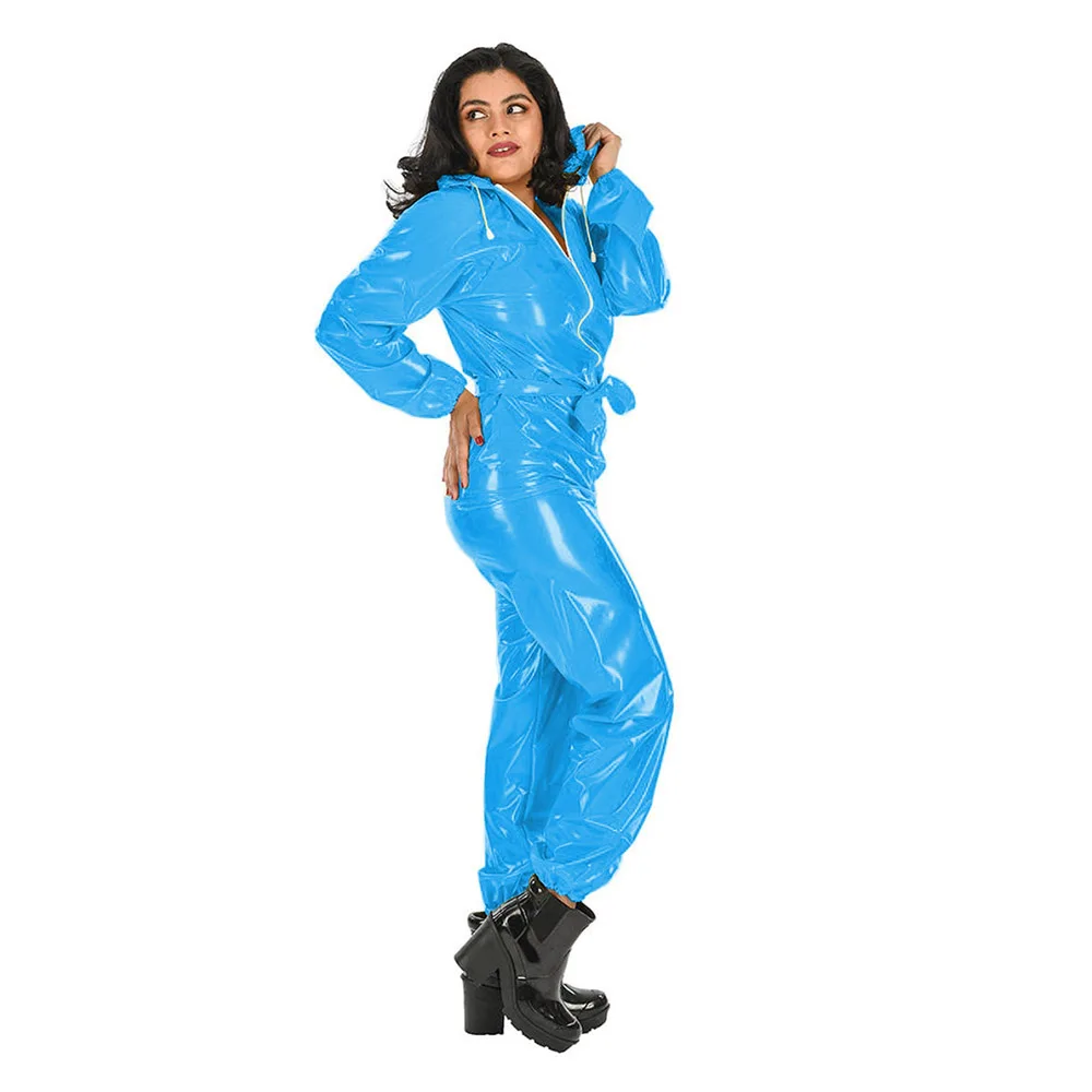 Transparent PVC Overalls Catsuits Women Waterproof Hooded Jumpsuits Gothic See Through Clear PVC Bloomers Jumpsuit With Belt 4