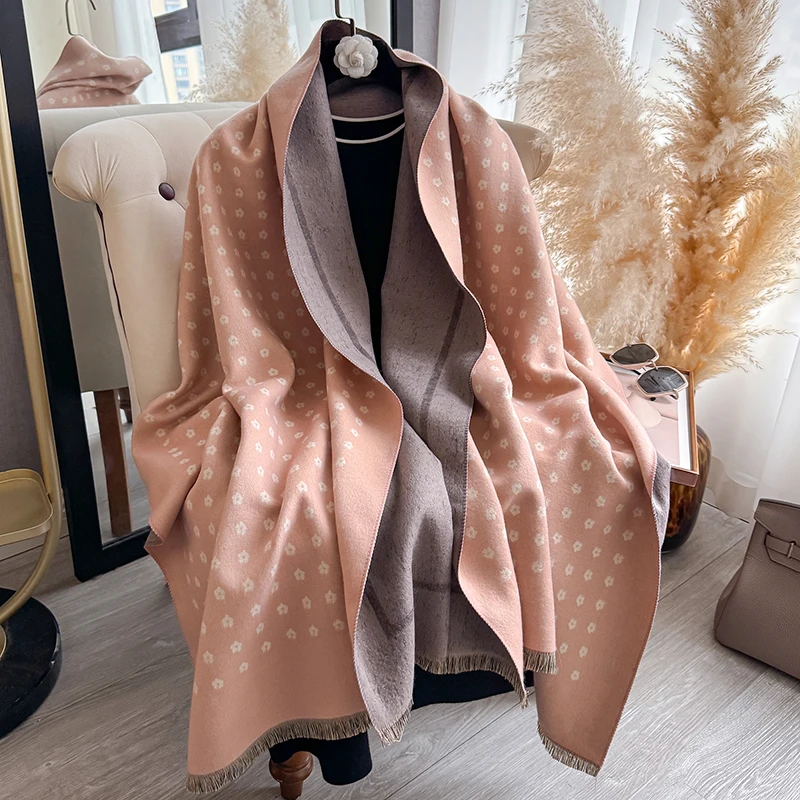 Women's Warm Faux Cashmere Shawl Autumn Winter Floral Jacquard Scarf Wrap Functional Neck Protection Blanket Style