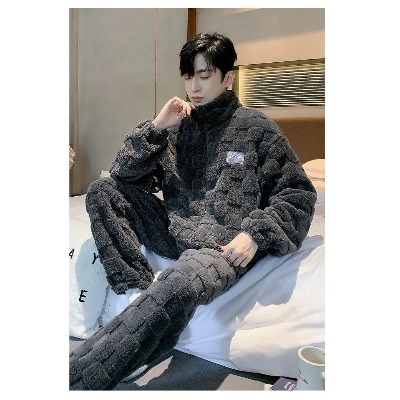 Luxury Brand Sleepwear Men Winter Warm Pajama Sets Zipper Long Sleeve Flannel Coral Fleece Thick Loungewear Loose Korean Pajamas