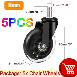 Universal Mute Caster 5-Pack, 50KG Capacity Swivel Rollers for Office Chairs, 360-Degree Rotation Furniture Wheels (11MM)
