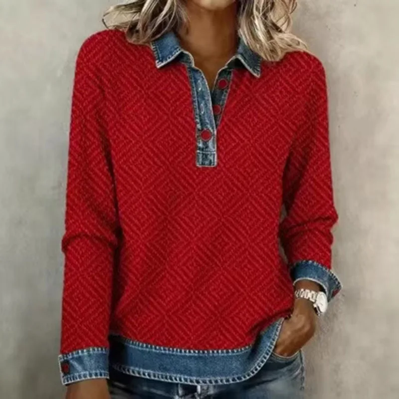 Frühling Retro Kontrast Farbe Frau Sweatshirt Elegante drehen-unten Kragen Taste Tops Pullover Herbst Lange Hülse Lose Hoodie Mujer – Detail 9