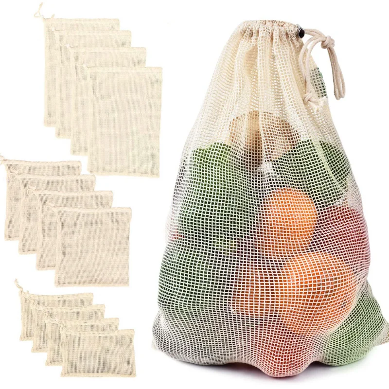 Reusable Cotton Mesh Produce Bags with Drawstring for Fruits and Vegetables Storage