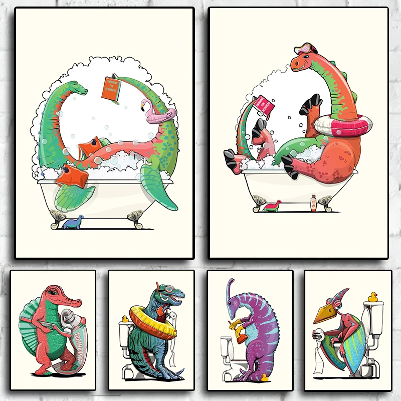 

Nordic Funny Dinosaurs Bathing Print Posters For Bathroom Toilet Room Living Canvas Painting Art Home Wall Decor Pictures Gifts
