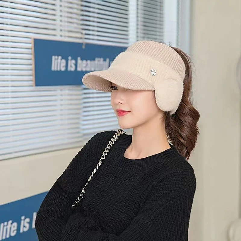 

Fashion Winter Warm Earflaps Knitted Hat Winter Hats For Women Baseball Caps Outdoor Sport Windproof Ponytail Hat
