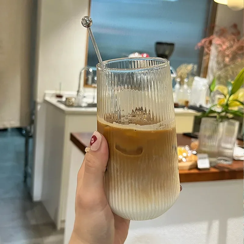 500ml Coffee Glass Cups Heat-Resistant Clear Rib Vertical Stripes Tea Mug for Drinking Milk Beer Wine Juice Tumblers Set Gift