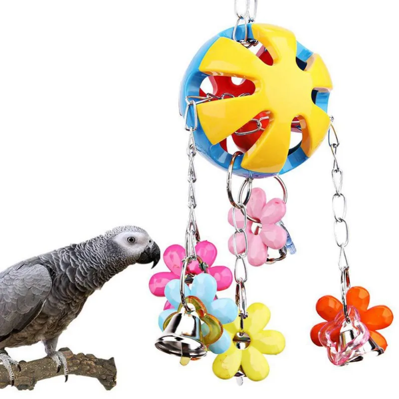 Parrot Toy Bird Toy Bird Toys with Multicolored Natural Wooden Blocks Bells and Durable Rope Cage Hanging Chewing Sticks Toys for Parrot Cockatiels