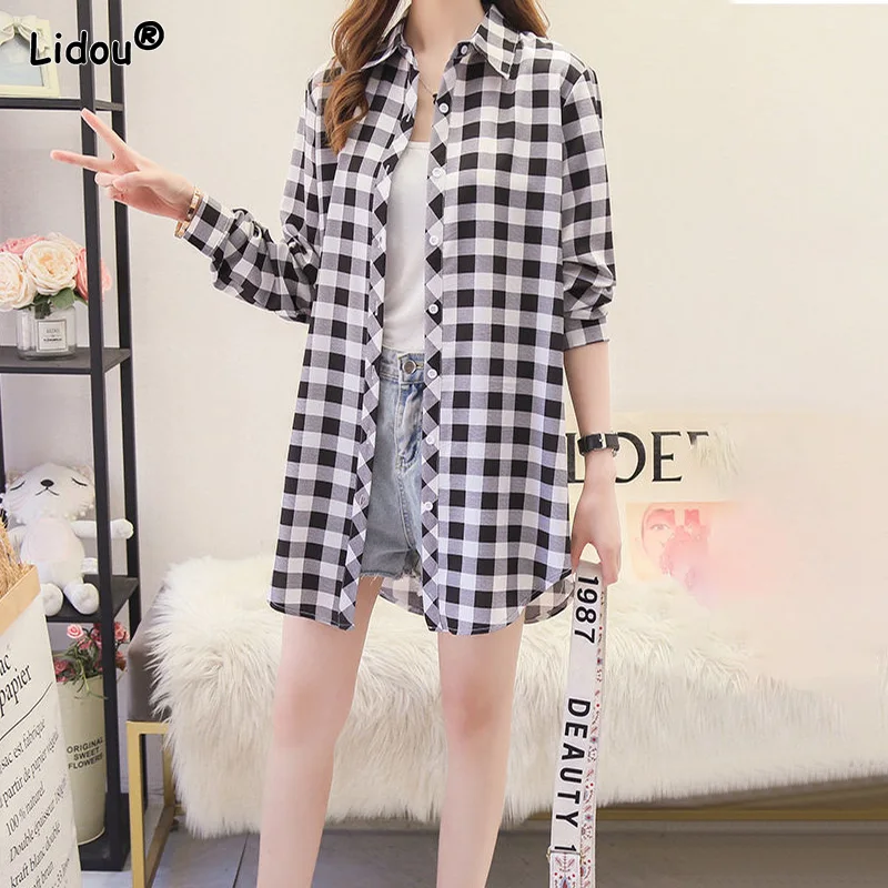 Spring Summer Thin Blended Women's Clothing Korean Plaid Single Breasted Mid-length Turn-down Collar Spliced Women Shirt Trend