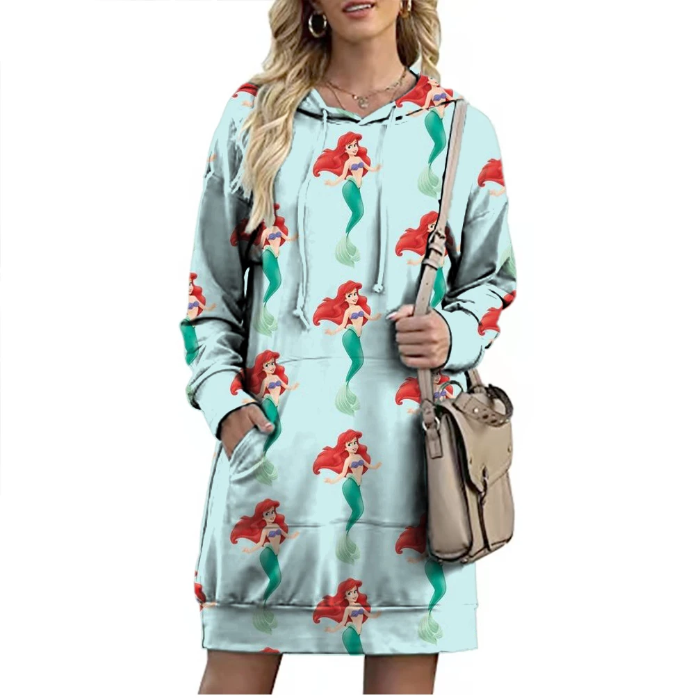 

2022 New Fall Women's Fashion Crew Neck Lengthened Hoodie Disney Brand Ariel Mermaid Cartoon Trend Casual Girls Tops