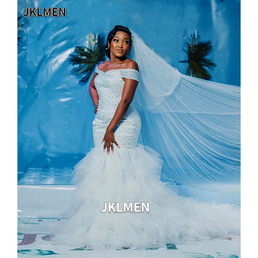 

Crystals Beads Sequins Off-the-shoulder Lace-up Mermaid Wedding Dress Ruffle Organza Trumpet Bridal Gown Custom Color