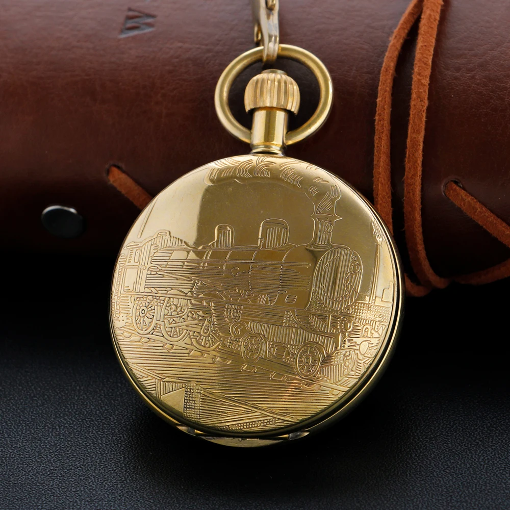 Classic Traditional Train Embossment Mechanical Pocket Watch Vintage Chain Steampunk Clock Men's and Women's Jewelry Necklace