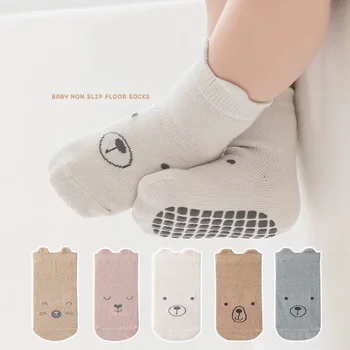 5 Pairs/lot Baby Non Slip Floor Sock 5colored Of Bear Print Infant Girl Cotton Socks Solid Autumn Anti Slip Children's Knee Sock 1