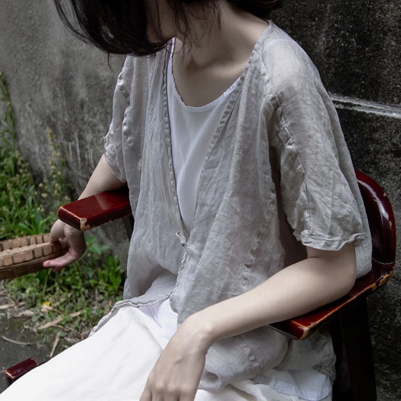 

Retro Loose Casual Ramie Light Color White Gray Shirt Women Short Sleeve Summer 2024 Thin Open Cardigans Clothing Chemise Femme