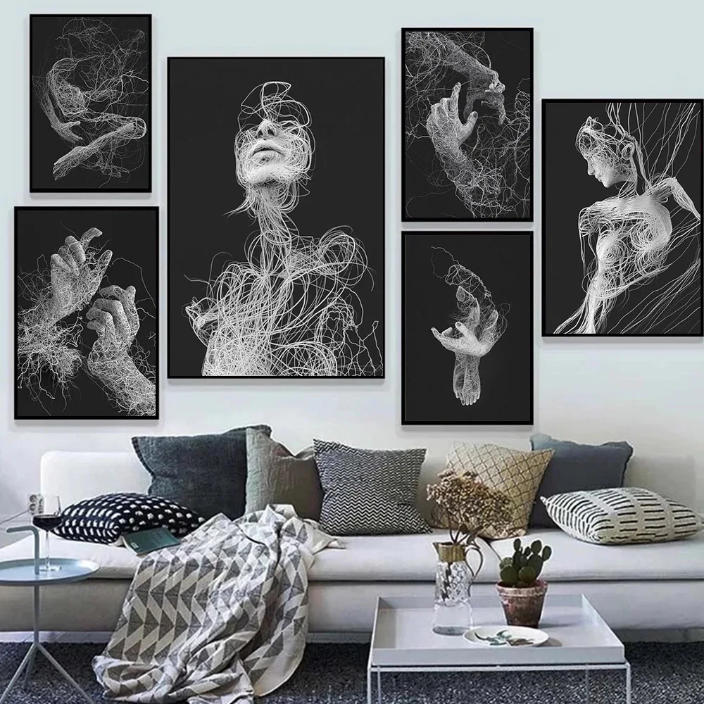 

Abstract Lines Woman Body And Hands Canvas Painting Black Figure Posters Prints For Living Room Aisle Modern Picture Home Decor