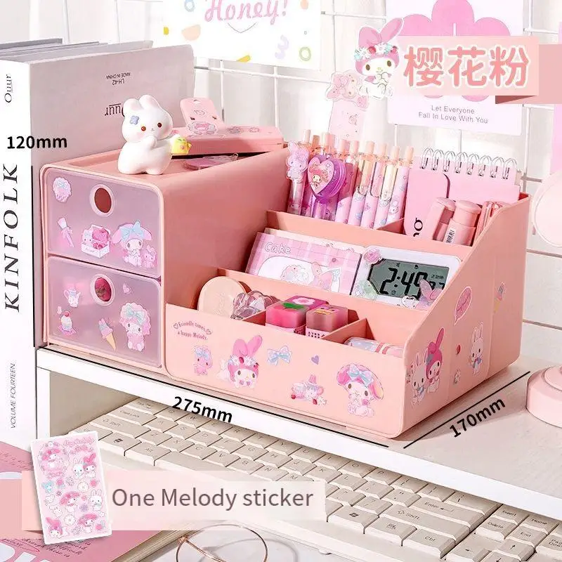 Sanrio Melody Storage Box Pen Holder High Precision Desktop Kuromi Cartoon Student Large Capacity Drawer Stationery Organizer