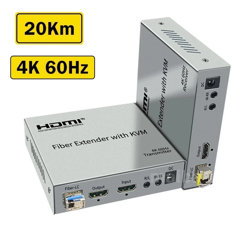 

20km 4K 60Hz HDMI KVM Fiber Extender By Fiber-LC Cable Transmitter Receiver Video Converter Fit USB Keyboard Mouse Laptop To TV
